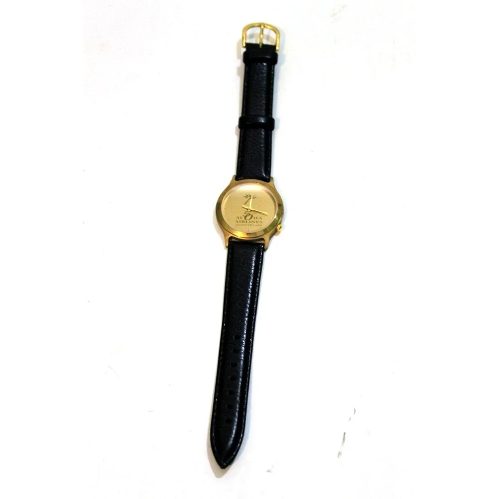 Rare Aloha Airlines Logo 50th Anniversary Vintage Wrist Watch Gold Tone Leather